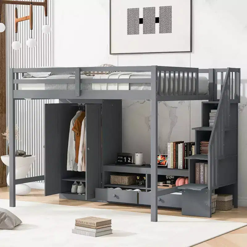 Lit superposé en bois pleine grandeur Okak avec armoire intégrée, escalier de rangement, lit superposé mezzanine avec table basse de rangement pour adolescents, facile à assembler, Blanc/Gris