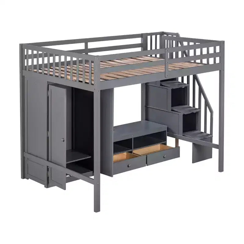 Lit superposé en bois pleine grandeur Okak avec armoire intégrée, escalier de rangement, lit superposé mezzanine avec table basse de rangement pour adolescents, facile à assembler, Blanc/Gris