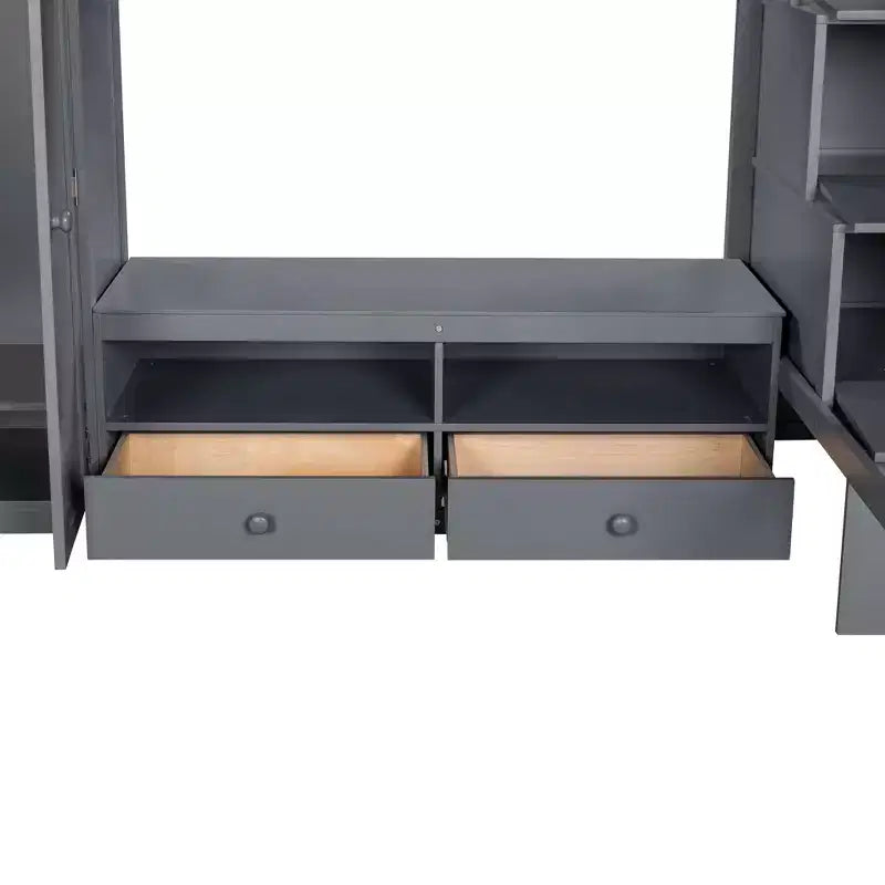 Lit superposé en bois pleine grandeur Okak avec armoire intégrée, escalier de rangement, lit superposé mezzanine avec table basse de rangement pour adolescents, facile à assembler, Blanc/Gris