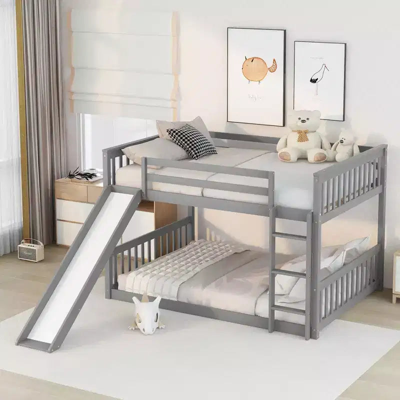Lit superposé Okak en bois (deux couchages doubles) avec toboggan et garde-corps de sécurité, lit mezzanine avec échelle pour enfants et adolescents, facile à monter, aucun sommier tapissier requis