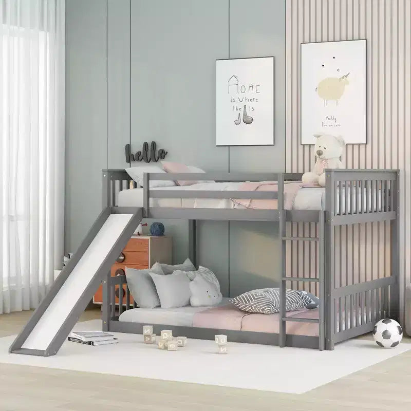 Lit superposé Okak en bois (deux couchages doubles) avec toboggan et garde-corps de sécurité, lit mezzanine avec échelle pour enfants et adolescents, facile à monter, aucun sommier tapissier requis