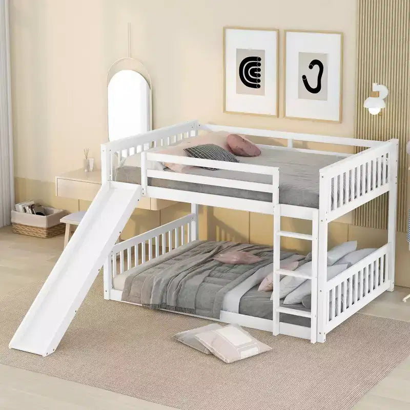 Lit superposé Okak en bois (deux couchages doubles) avec toboggan et garde-corps de sécurité, lit mezzanine avec échelle pour enfants et adolescents, facile à monter, aucun sommier tapissier requis