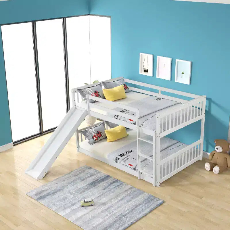Lit superposé Okak en bois (deux couchages doubles) avec toboggan et garde-corps de sécurité, lit mezzanine avec échelle pour enfants et adolescents, facile à monter, aucun sommier tapissier requis