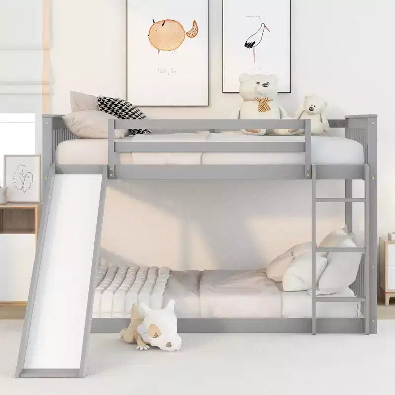 Lit superposé Okak en bois (deux couchages doubles) avec toboggan et garde-corps de sécurité, lit mezzanine avec échelle pour enfants et adolescents, facile à monter, aucun sommier tapissier requis