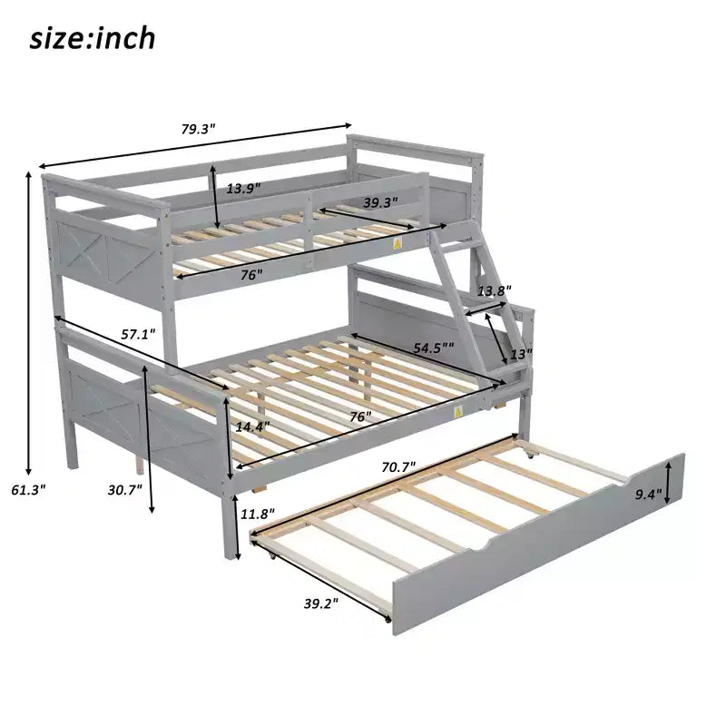 Lit superposé en bois Okak avec lit gigogne double et lits superposés avec escalier et garde-corps de sécurité pour enfants et adolescents, montage facile