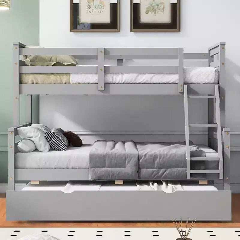 Lit superposé en bois Okak avec lit gigogne double et lits superposés avec escalier et garde-corps de sécurité pour enfants et adolescents, montage facile