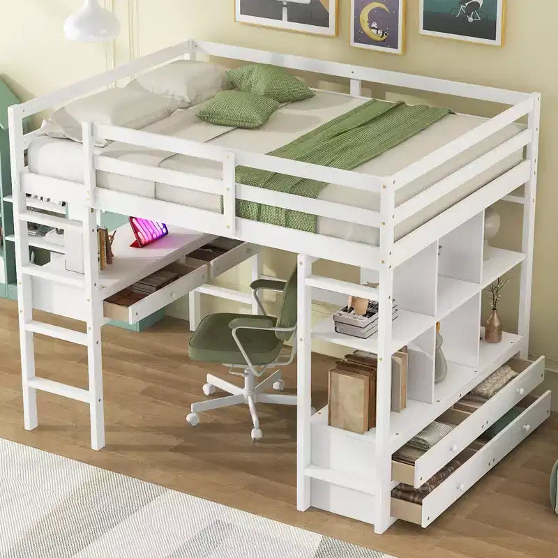 Okak Full Size Pine Wood Bunk Bed with Built-in Desk & Storage Cabinets Loft Bunk Bed with 2 Drawers for Teens, Easy Assemble, White/Gray