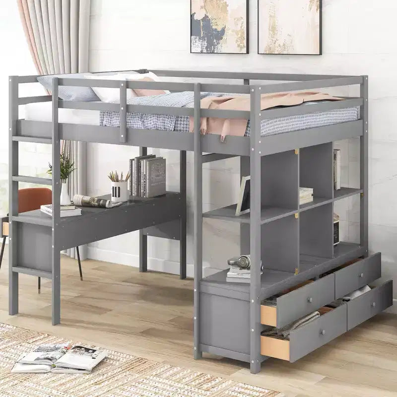 Lit superposé Okak en pin pleine grandeur avec bureau intégré et armoires de rangement, lit mezzanine avec 2 tiroirs pour adolescents, facile à assembler, blanc/gris