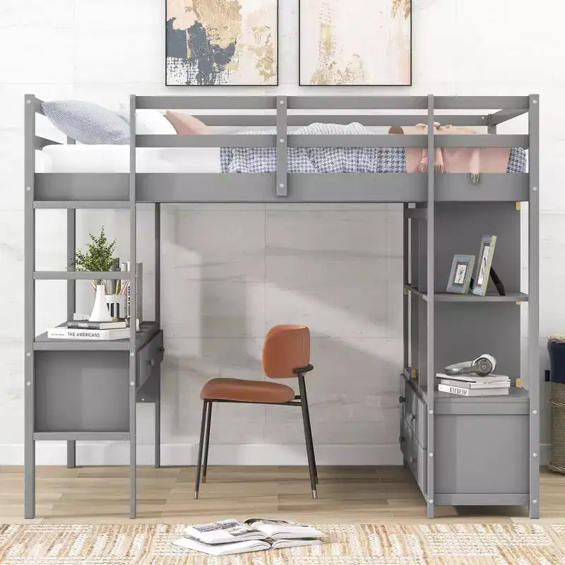 Lit superposé Okak en pin pleine grandeur avec bureau intégré et armoires de rangement, lit mezzanine avec 2 tiroirs pour adolescents, facile à assembler, blanc/gris