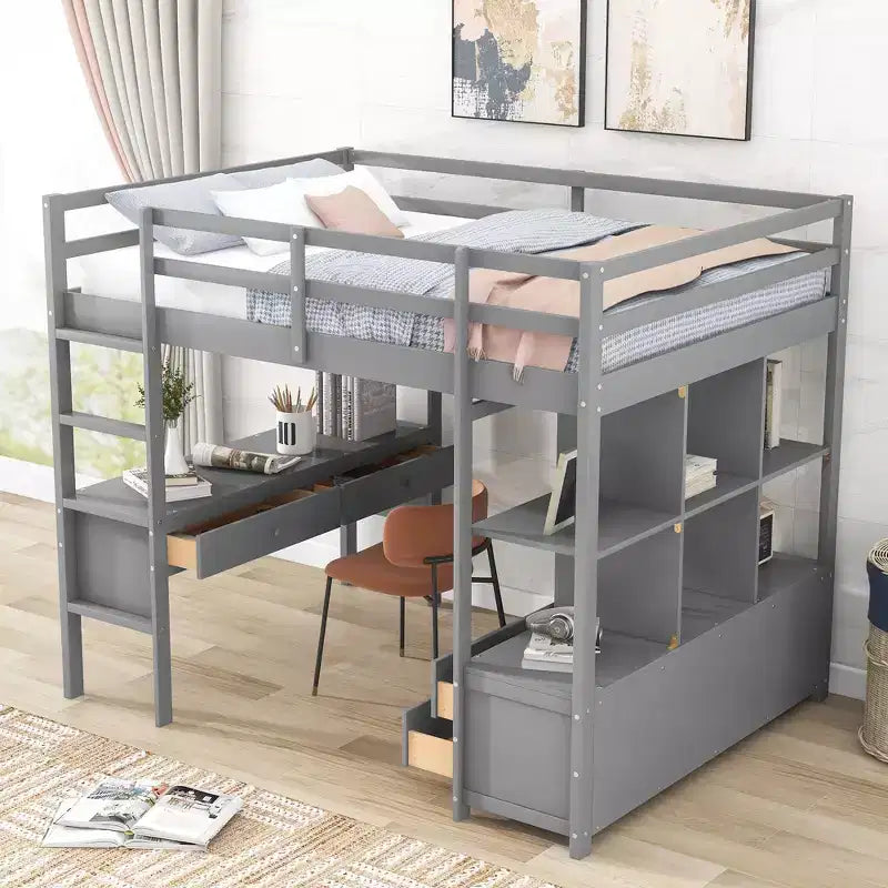 Lit superposé Okak en pin pleine grandeur avec bureau intégré et armoires de rangement, lit mezzanine avec 2 tiroirs pour adolescents, facile à assembler, blanc/gris