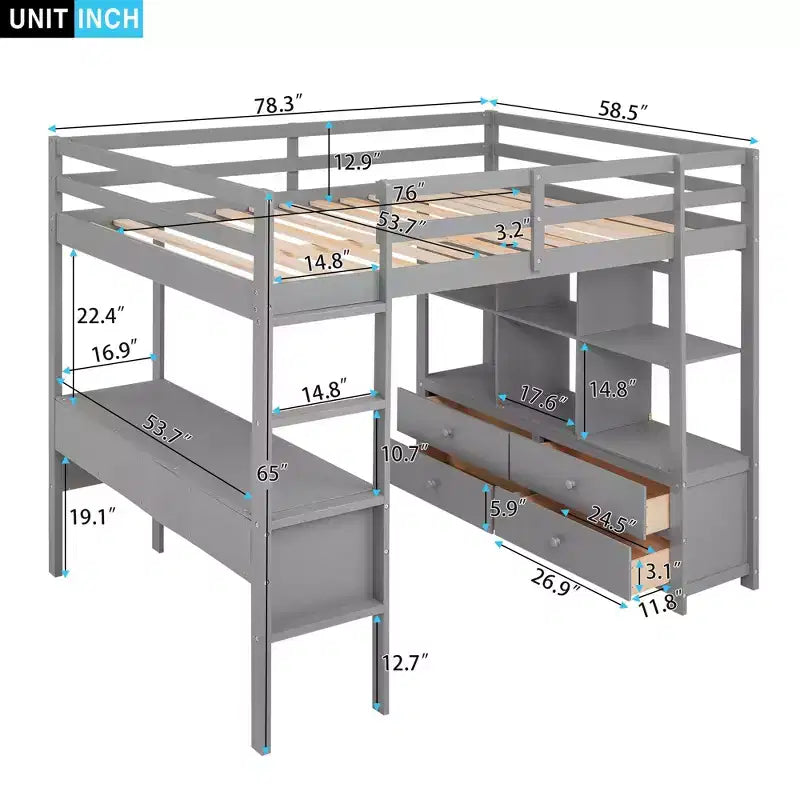 Lit superposé Okak en pin pleine grandeur avec bureau intégré et armoires de rangement, lit mezzanine avec 2 tiroirs pour adolescents, facile à assembler, blanc/gris