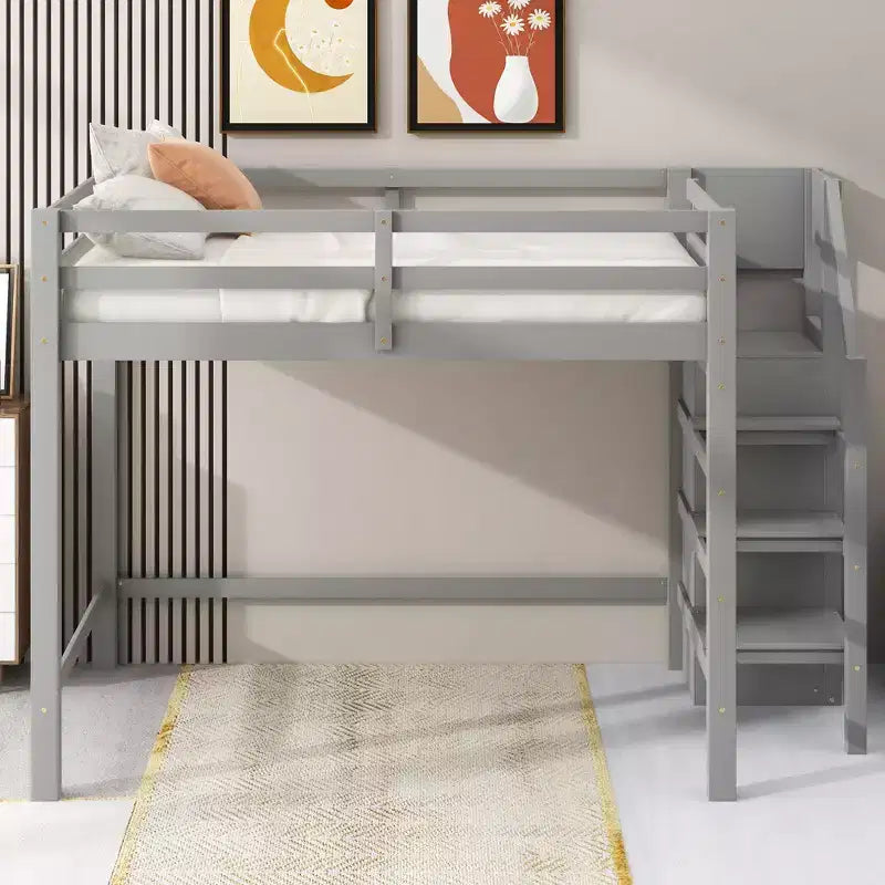 Okak Lit superposé double avec armoire de rangement intégrée Lit mezzanine avec escalier et garde-corps de sécurité en bois massif pour enfants et adolescents, facile à assembler