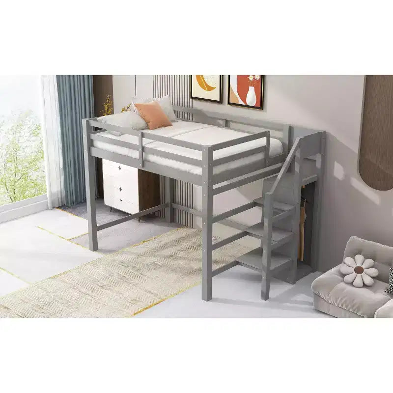 Okak Lit superposé double avec armoire de rangement intégrée Lit mezzanine avec escalier et garde-corps de sécurité en bois massif pour enfants et adolescents, facile à assembler