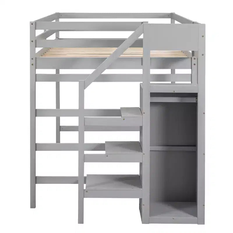 Okak Lit superposé double avec armoire de rangement intégrée Lit mezzanine avec escalier et garde-corps de sécurité en bois massif pour enfants et adolescents, facile à assembler