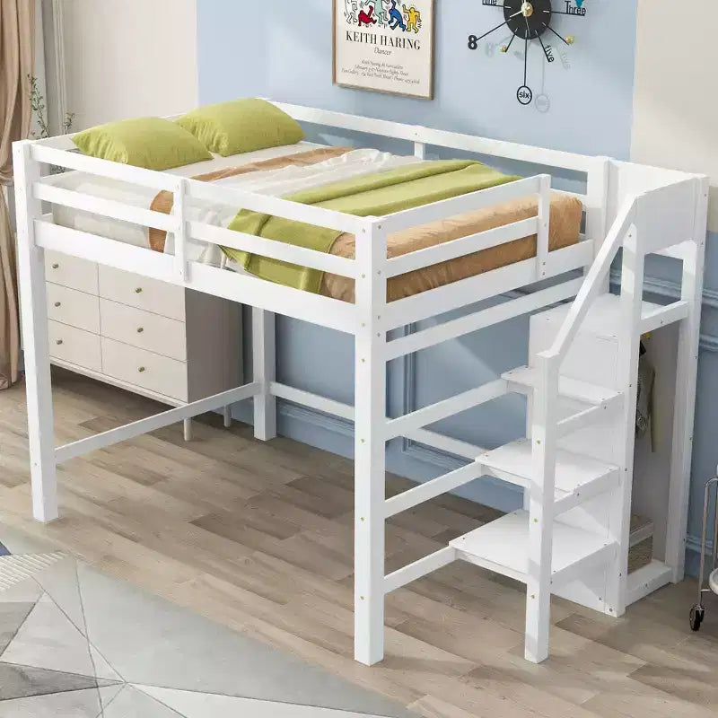 Okak Lit superposé double avec armoire de rangement intégrée Lit mezzanine avec escalier et garde-corps de sécurité en bois massif pour enfants et adolescents, facile à assembler