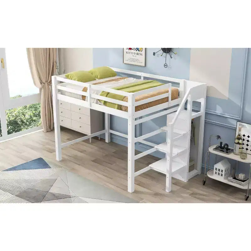 Okak Lit superposé double avec armoire de rangement intégrée Lit mezzanine avec escalier et garde-corps de sécurité en bois massif pour enfants et adolescents, facile à assembler