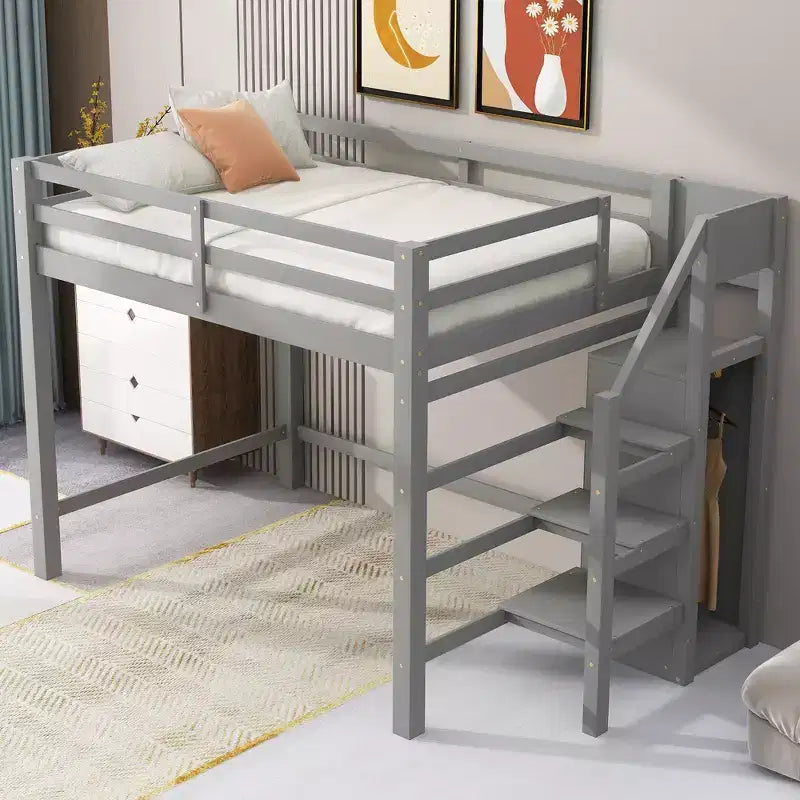 Okak Lit superposé double avec armoire de rangement intégrée Lit mezzanine avec escalier et garde-corps de sécurité en bois massif pour enfants et adolescents, facile à assembler