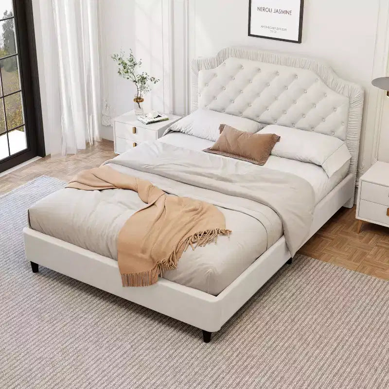 Okak Elegant Full/Queen/King Velvet Platform Bed Frame with Upholstered, Ruched Button Tufted Headboard Wood Slats No Box Spring Needed Easy Assembly