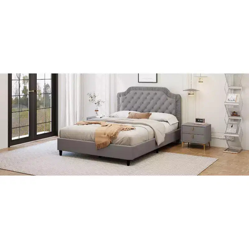 Cadre de lit plateforme en velours Okak Elegant, taille Full/Queen/King, avec tête de lit rembourrée et capitonnée, lattes en bois, ne nécessite pas de sommier tapissier, montage facile
