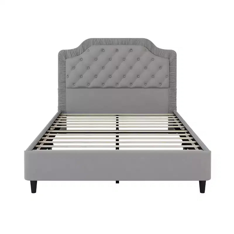 Cadre de lit plateforme en velours Okak Elegant, taille Full/Queen/King, avec tête de lit rembourrée et capitonnée, lattes en bois, ne nécessite pas de sommier tapissier, montage facile