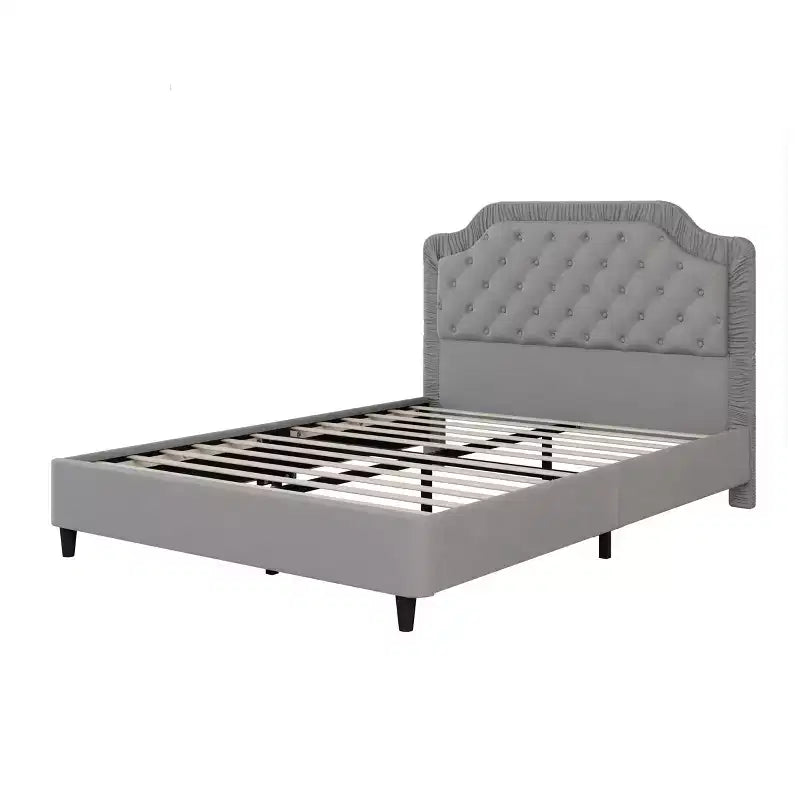 Cadre de lit plateforme en velours Okak Elegant, taille Full/Queen/King, avec tête de lit rembourrée et capitonnée, lattes en bois, ne nécessite pas de sommier tapissier, montage facile