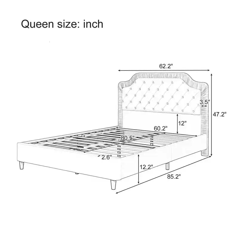 Cadre de lit plateforme en velours Okak Elegant, taille Full/Queen/King, avec tête de lit rembourrée et capitonnée, lattes en bois, ne nécessite pas de sommier tapissier, montage facile