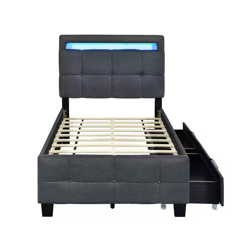 Cadre de lit plateforme capitonné double Okak avec 2 tiroirs, lit moderne en bois massif avec cadre LED, silencieux, facile à assembler