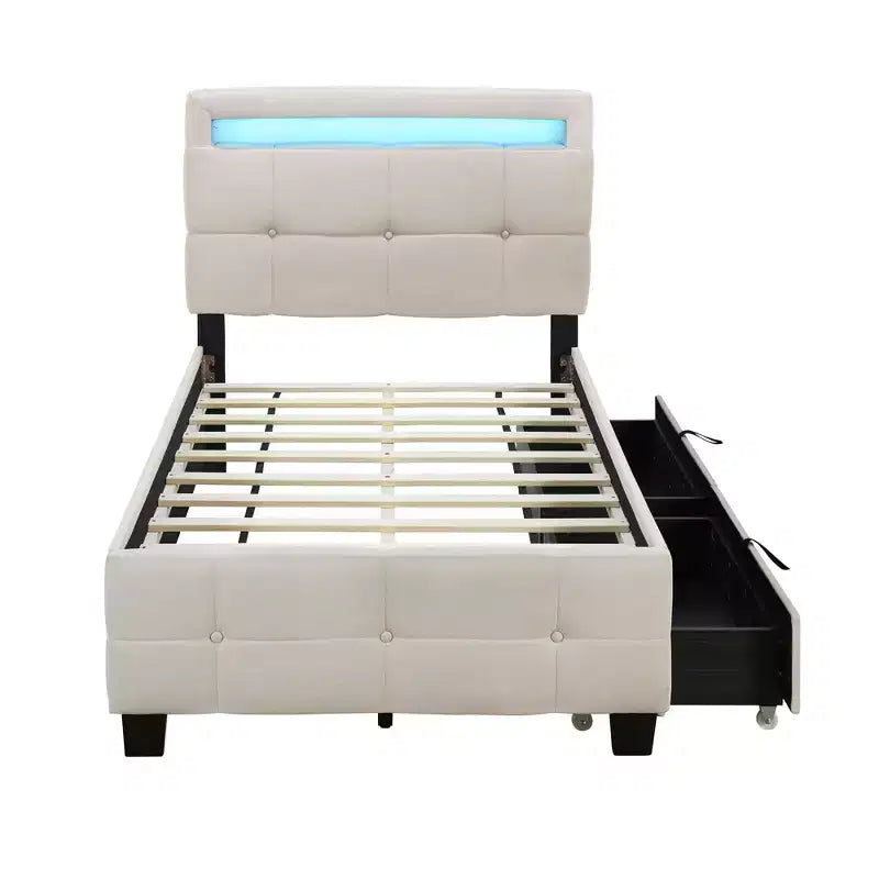 Cadre de lit plateforme capitonné double Okak avec 2 tiroirs, lit moderne en bois massif avec cadre LED, silencieux, facile à assembler