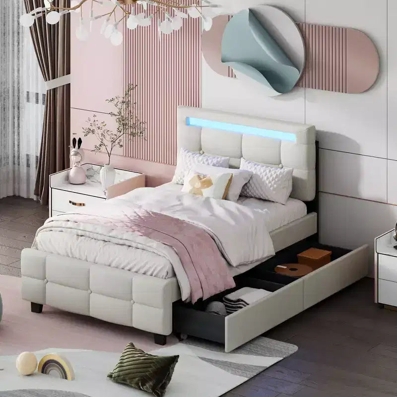Okak Twin Upholstered Platform Bed Frame with 2 Drawers Modern Solid Wood Bed with LED Frame Noise-Free Easy to Assemble