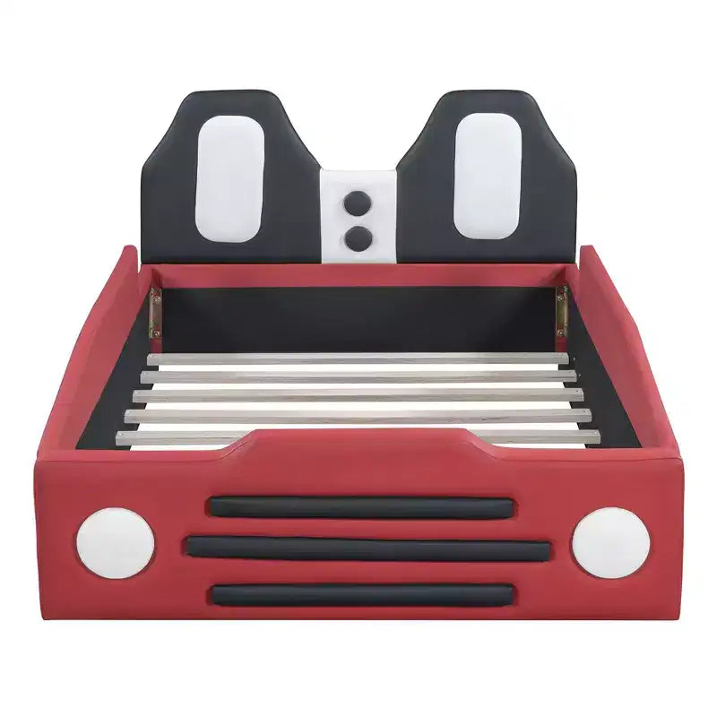 Cadre de lit double Okak avec roulettes, tête de lit rembourrée, lit en forme de voiture avec barrières de sécurité pour enfants, lattes en bois solides, assemblage facile