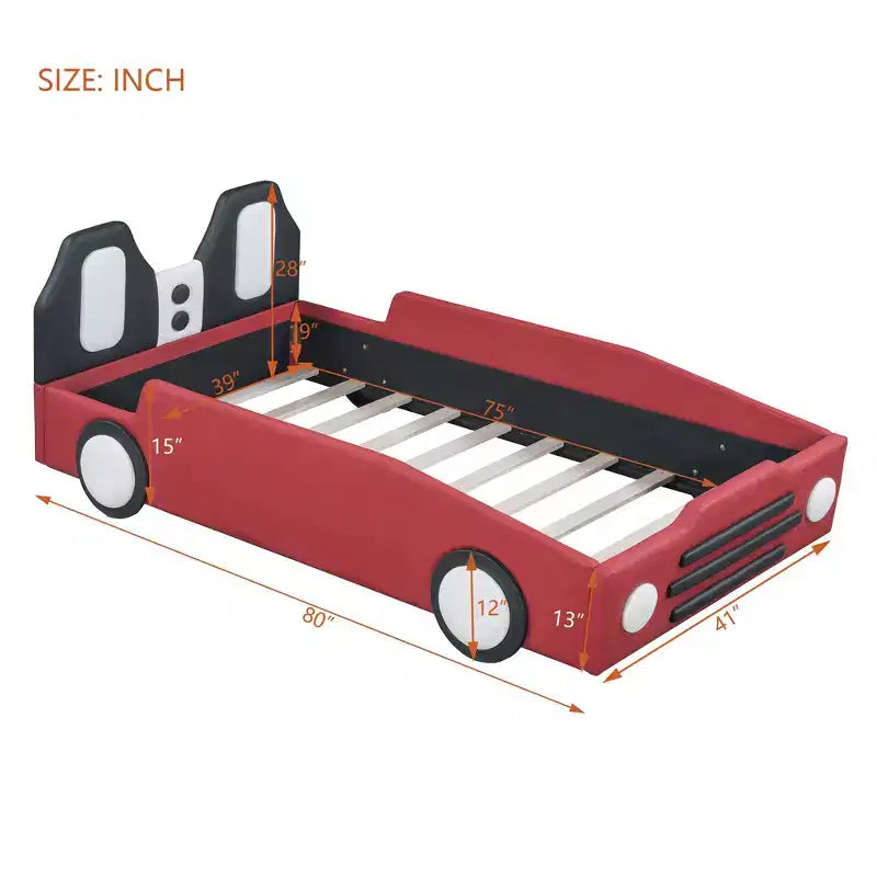 Cadre de lit double Okak avec roulettes, tête de lit rembourrée, lit en forme de voiture avec barrières de sécurité pour enfants, lattes en bois solides, assemblage facile
