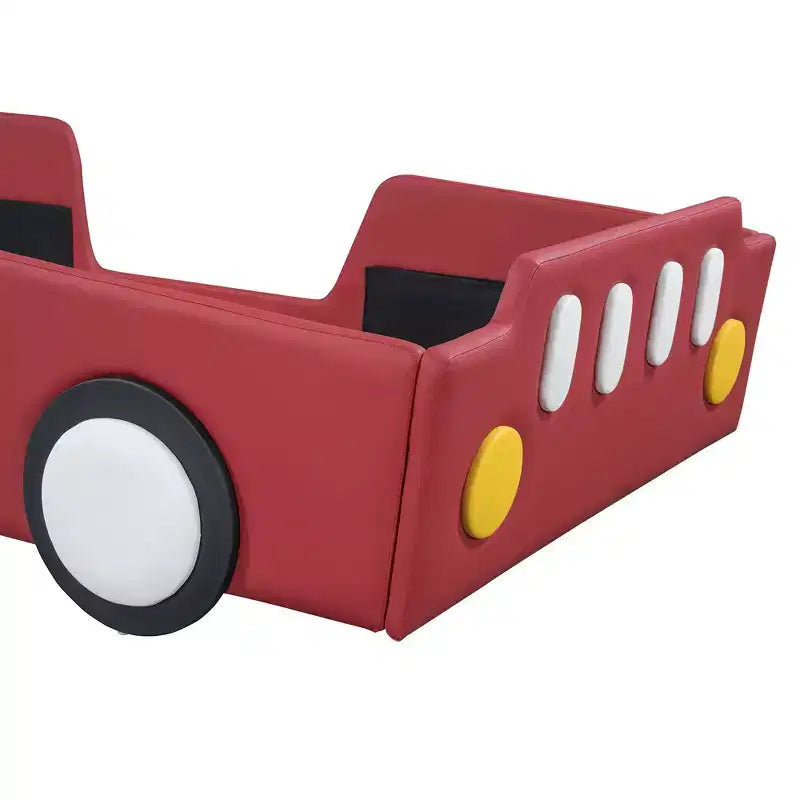 Cadre de lit double Okak avec roulettes, tête de lit rembourrée, lit en forme de voiture avec barrières de sécurité pour enfants, lattes en bois solides, assemblage facile