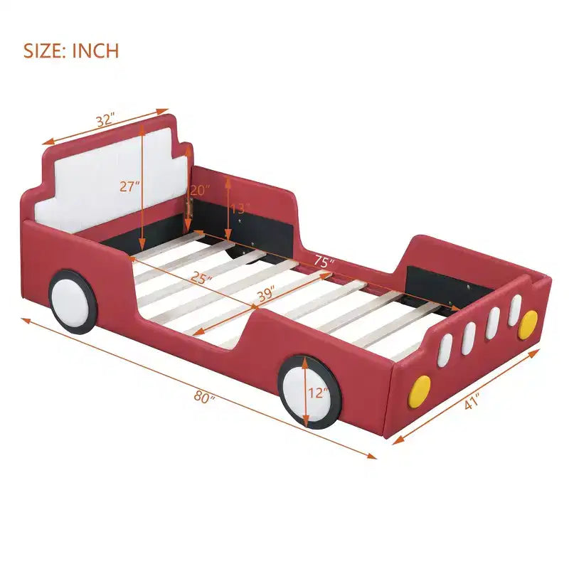 Cadre de lit double Okak avec roulettes, tête de lit rembourrée, lit en forme de voiture avec barrières de sécurité pour enfants, lattes en bois solides, assemblage facile