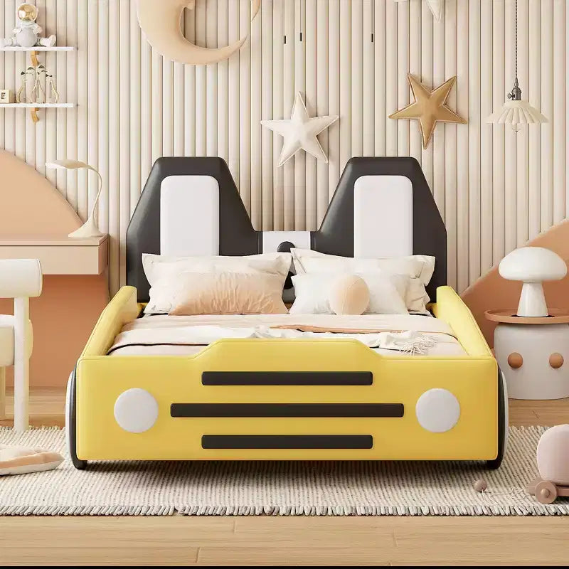 Cadre de lit double Okak avec roulettes, tête de lit rembourrée, lit en forme de voiture avec barrières de sécurité pour enfants, lattes en bois solides, assemblage facile