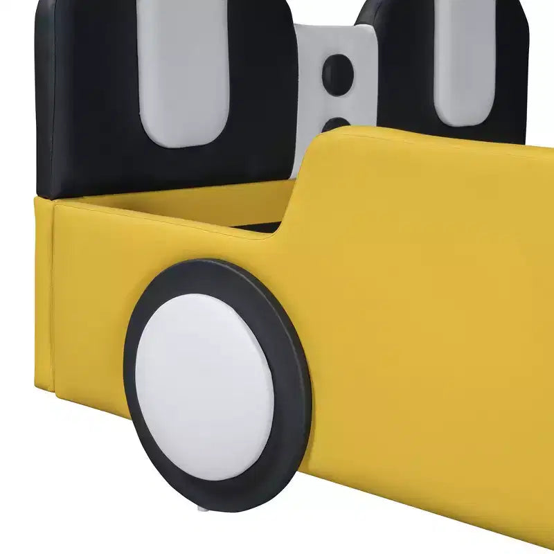 Cadre de lit double Okak avec roulettes, tête de lit rembourrée, lit en forme de voiture avec barrières de sécurité pour enfants, lattes en bois solides, assemblage facile