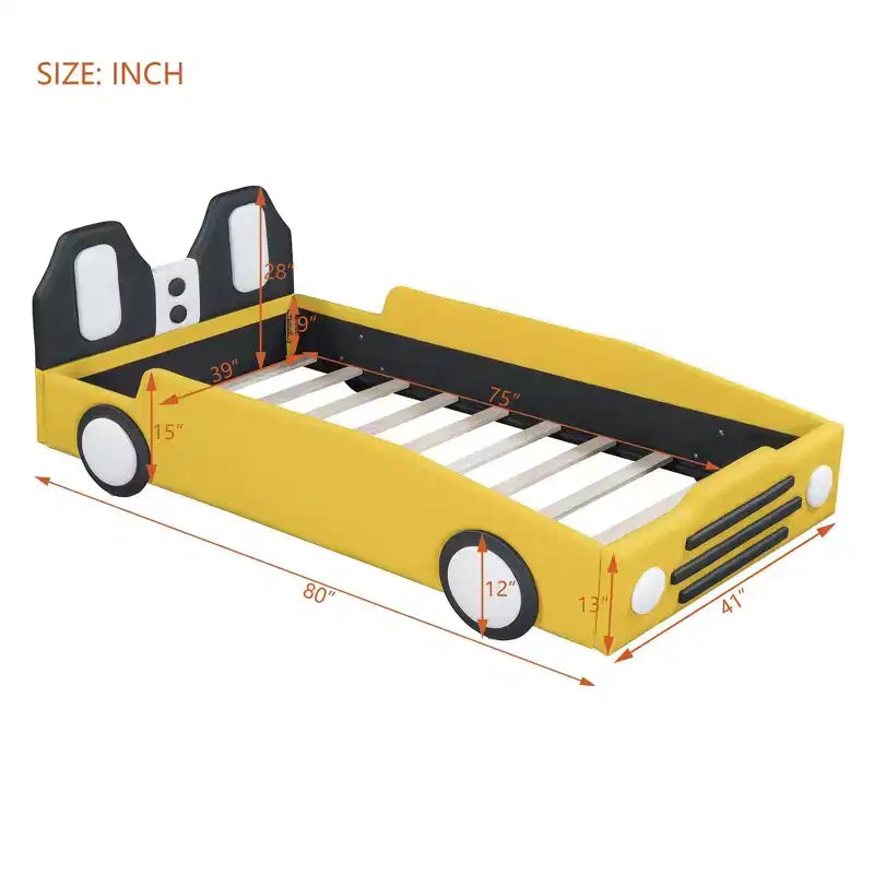 Cadre de lit double Okak avec roulettes, tête de lit rembourrée, lit en forme de voiture avec barrières de sécurité pour enfants, lattes en bois solides, assemblage facile