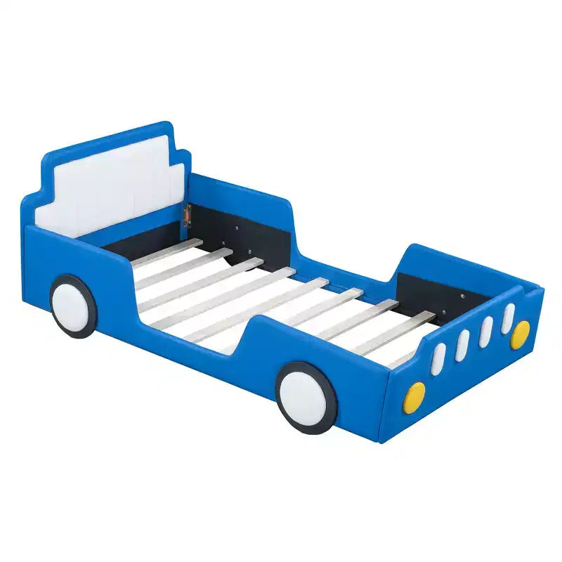 Cadre de lit double Okak avec roulettes, tête de lit rembourrée, lit en forme de voiture avec barrières de sécurité pour enfants, lattes en bois solides, assemblage facile