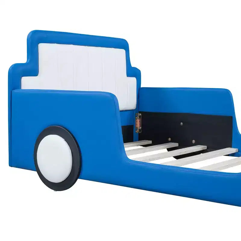 Cadre de lit double Okak avec roulettes, tête de lit rembourrée, lit en forme de voiture avec barrières de sécurité pour enfants, lattes en bois solides, assemblage facile