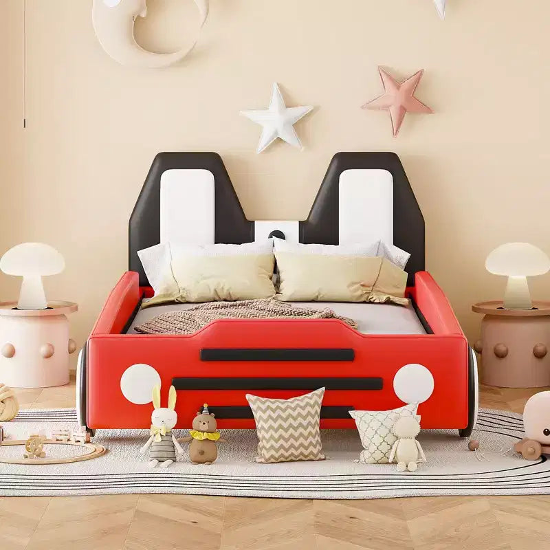Cadre de lit double Okak avec roulettes, tête de lit rembourrée, lit en forme de voiture avec barrières de sécurité pour enfants, lattes en bois solides, assemblage facile