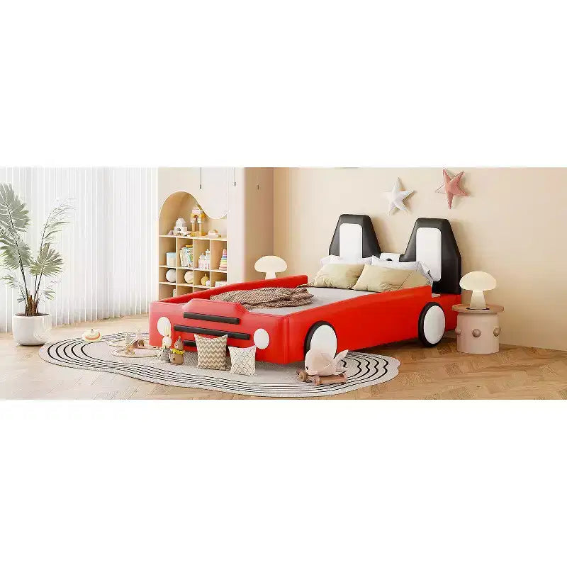 Cadre de lit double Okak avec roulettes, tête de lit rembourrée, lit en forme de voiture avec barrières de sécurité pour enfants, lattes en bois solides, assemblage facile