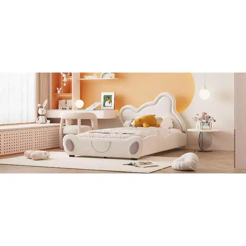 Cadre de lit plateforme en velours Okak double/grand lit/très grand lit avec tête de lit capitonnée en forme d'ours, pochette de rangement au pied du lit pour enfants, sans bruit, assemblage facile
