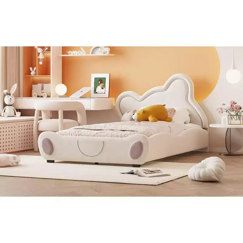 Cadre de lit plateforme en velours Okak double/grand lit/très grand lit avec tête de lit capitonnée en forme d'ours, pochette de rangement au pied du lit pour enfants, sans bruit, assemblage facile