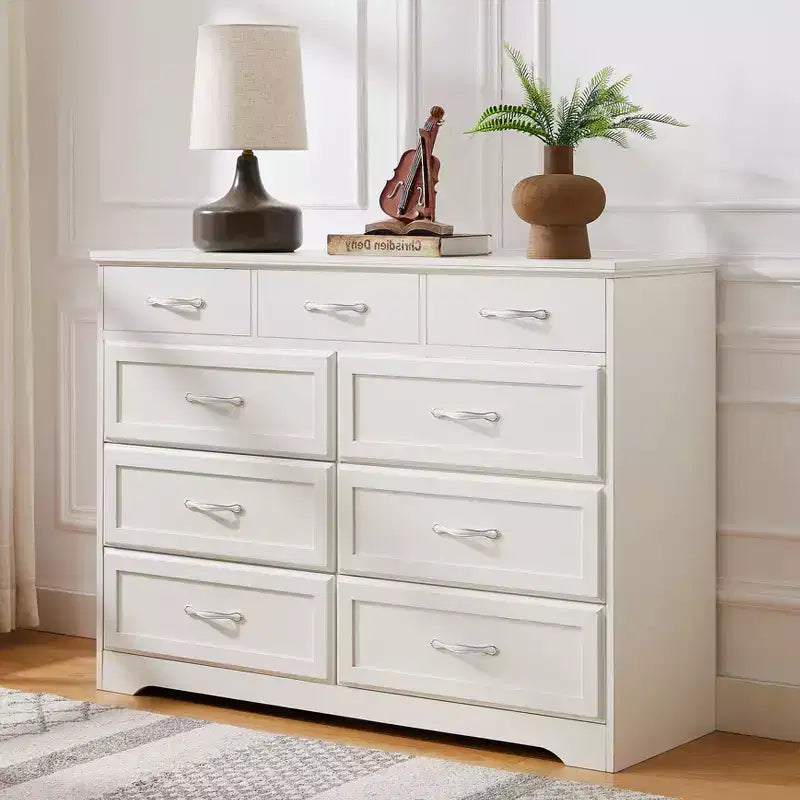 Okak Bedroom Dresser Nightstand w 9 Long Drawers & Antique Handles Wood Storage Chest Cabinet for Living Room Hallway Entry Kids Room
