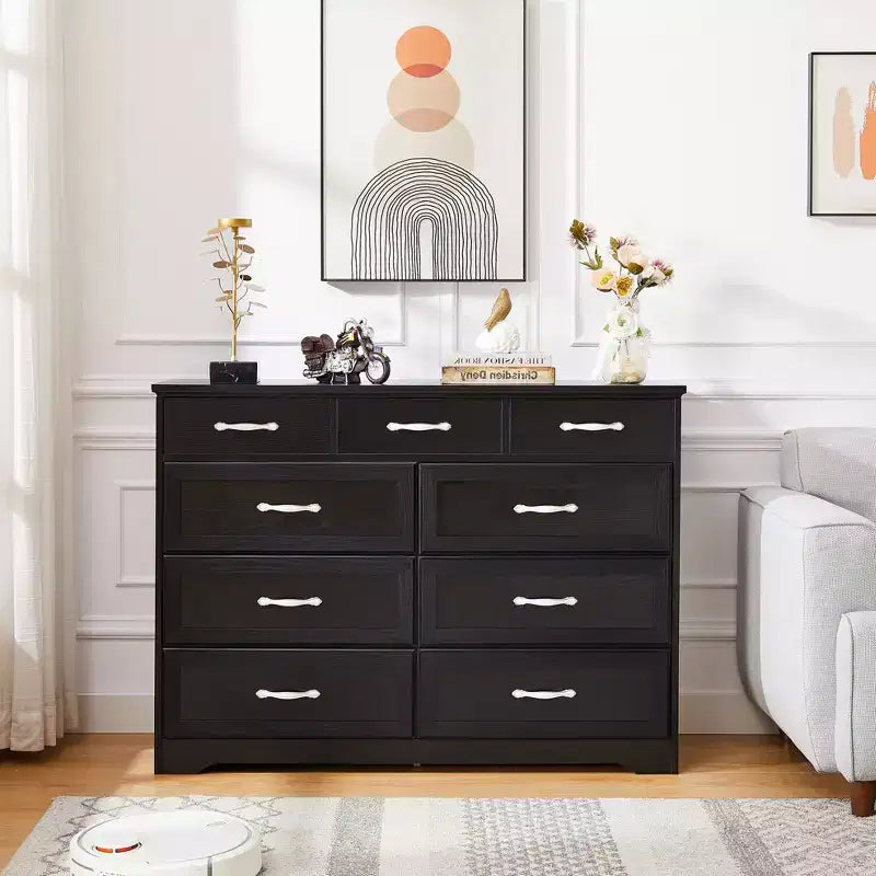 Commode de chambre Okak avec 9 longs tiroirs et poignées antiques, meuble de rangement en bois pour salon, couloir, entrée, chambre d'enfant