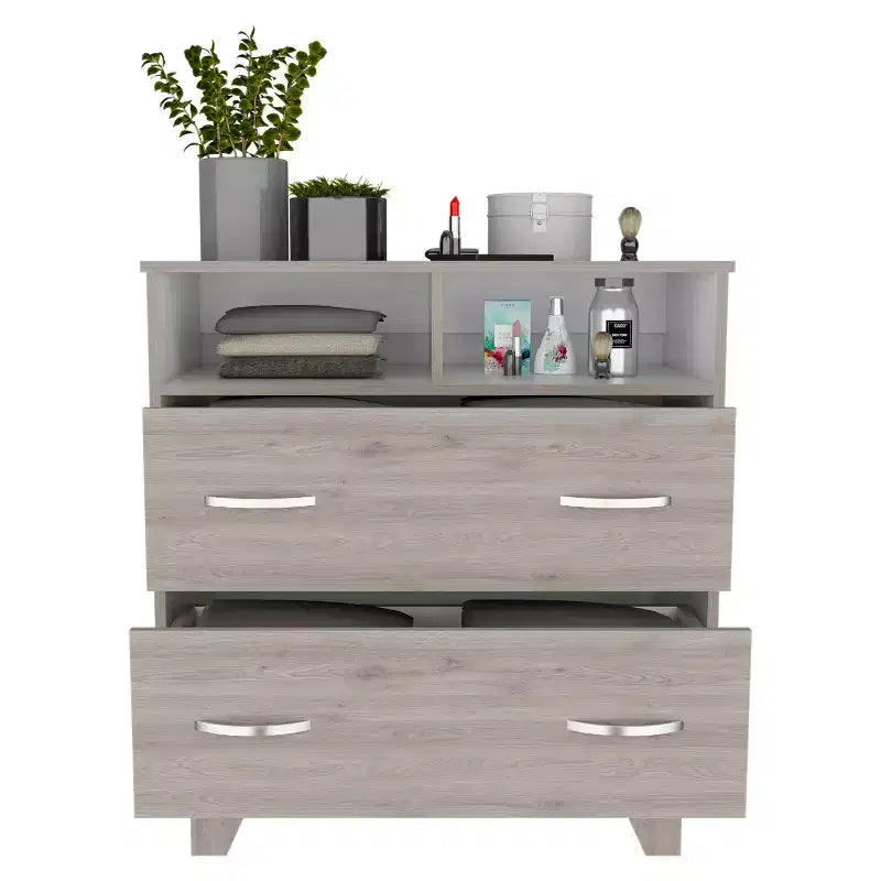 Commode de chambre à coucher moderne Okak avec 2 grands tiroirs et 2 étagères ouvertes, meuble de rangement à quatre pieds pour salon, couloir, entrée