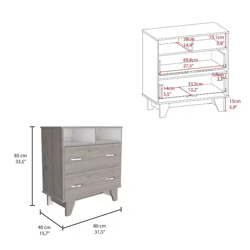 Commode de chambre à coucher moderne Okak avec 2 grands tiroirs et 2 étagères ouvertes, meuble de rangement à quatre pieds pour salon, couloir, entrée