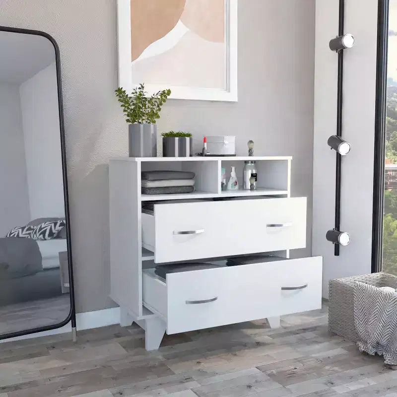 Commode de chambre à coucher moderne Okak avec 2 grands tiroirs et 2 étagères ouvertes, meuble de rangement à quatre pieds pour salon, couloir, entrée