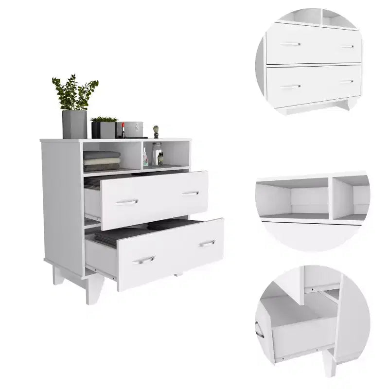 Commode de chambre à coucher moderne Okak avec 2 grands tiroirs et 2 étagères ouvertes, meuble de rangement à quatre pieds pour salon, couloir, entrée