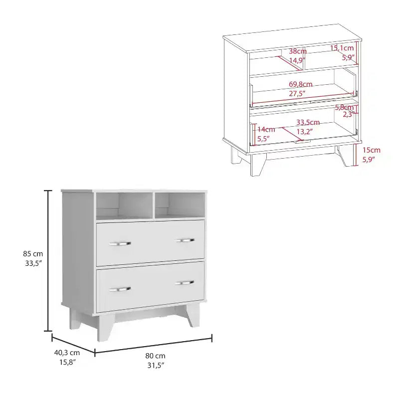 Commode de chambre à coucher moderne Okak avec 2 grands tiroirs et 2 étagères ouvertes, meuble de rangement à quatre pieds pour salon, couloir, entrée
