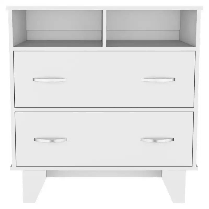 Commode de chambre à coucher moderne Okak avec 2 grands tiroirs et 2 étagères ouvertes, meuble de rangement à quatre pieds pour salon, couloir, entrée
